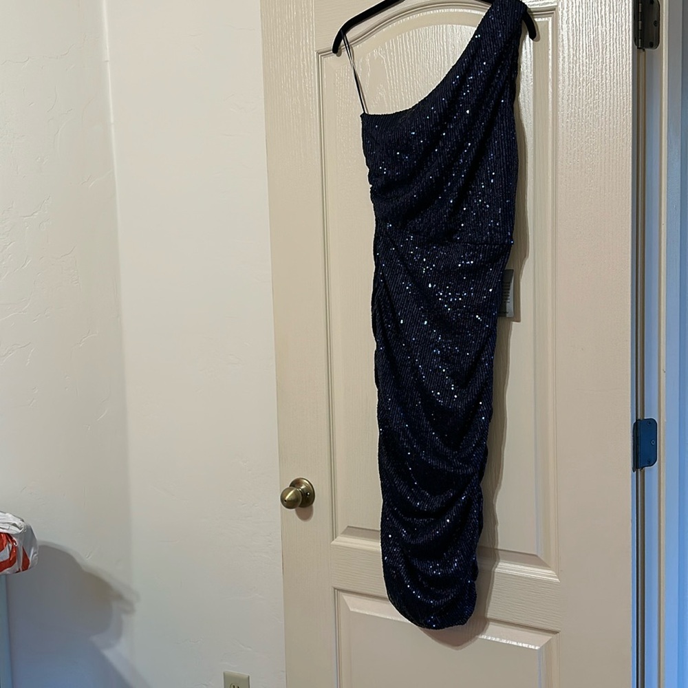 Navy sequin, one shoulder dress